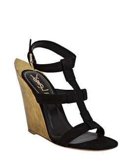 Yves Saint Laurent black and gold pointed heel wedge sandals