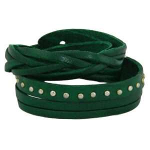 Green Leather Multi Wrap Bracelet with Multi Studded Weaved End Design