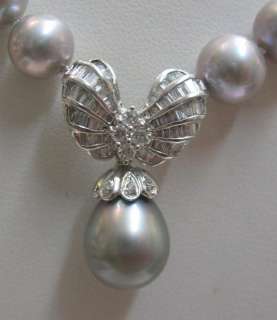 Estate South Sea Tahitian Pearl Baguette Diamond Freshwater Necklace 