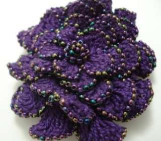  Crochet Flower Beaded Brooch Purple Pin Jacket Accessory 