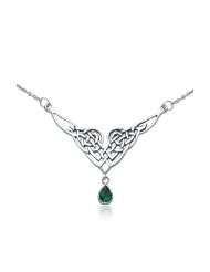   Celtic Knot Pendant Necklace with Teardrop Emerald Color Green Glass