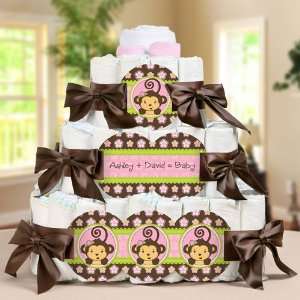   Monkey Girl   3 Tier Personalized Square   Baby Shower Diaper Cake
