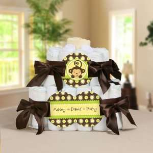 Monkey Neutral   2 Tier Personalized Square   Baby Shower Diaper Cake 