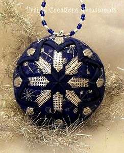 Christmas Quilted Ball Ornament Blue and Silver Snowflakes Decoration 