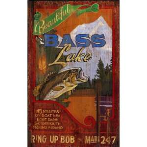    Bass Lake   Vintage Lake Fishing Sign Patio, Lawn & Garden