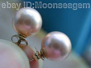 100% natural 10mm round pink pearls earrings stud 14k  