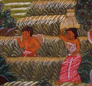 Museum piece Antique landscape. Rice field workers. Indonesian 