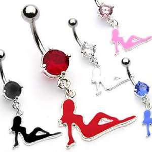  Belly Ring with Pink Gem and Enamel Girl Shillouette   14G 