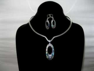 New Oval Circle Silver Abalone Necklace & Earring Set  