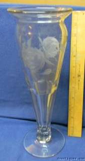 Vintage Elegant Crystal Tall Vase Etched Rose Flowers  