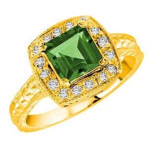 18K Yellow Gold Square Emerald and Diamond Ring with Decorated Shank 