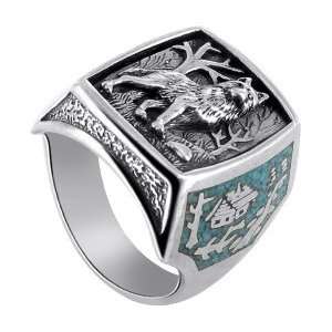  Sterling Silver Turquoise Gemstone Inlay Southwestern Wolf Ring 