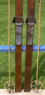 VINTAGE Wooden Skis 77 Long POINTS + OLD Bamboo Poles  
