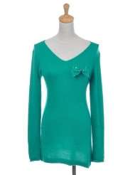   Fit Green Long Sleeve V neck Sweater Dress w Small Sequin Bow Tie