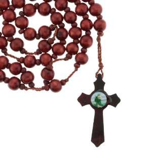  Red Wood Rosary with 12mm Beads   Cross with St. Jude 