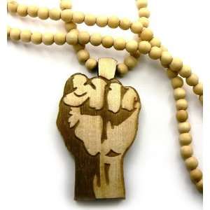  Natural Wooden 2D Fist Pendant with a 36 Inch Beaded Necklace Chain 